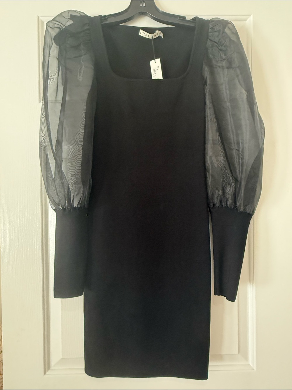 Alice + Olivia Black Sheath Dress with Sheer Puff Long Sleeves